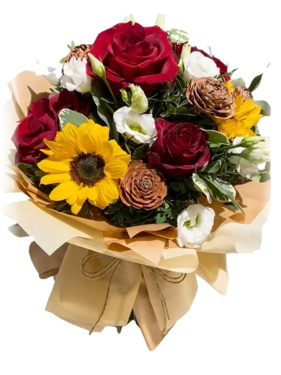 Bouquet Luce di Passione con rose rosse, lisianthus bianco e un girasole
