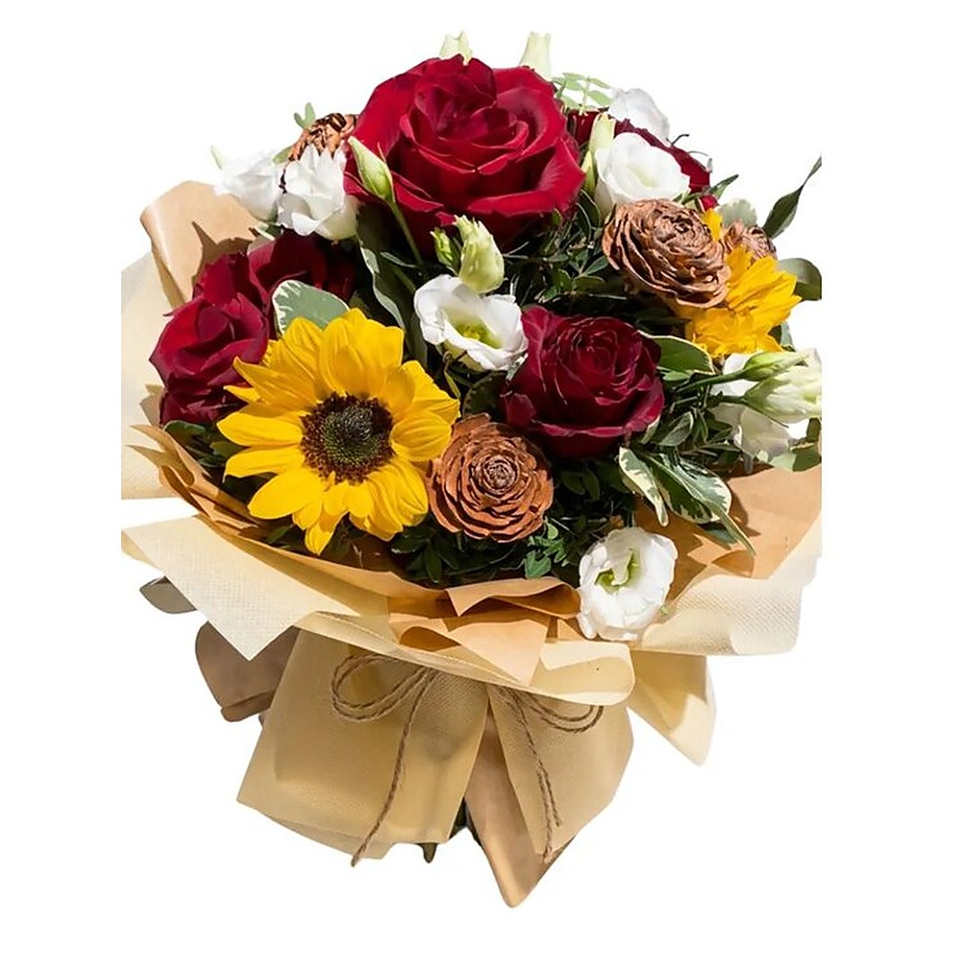 Bouquet Luce di Passione: rose rosse, lisianthus bianco e un girasole