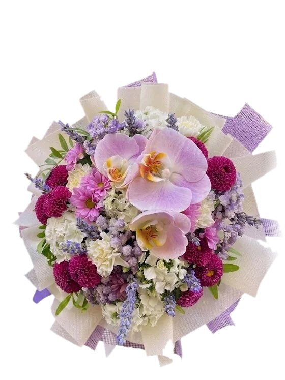 Bouquet Violetta con orchidee rosa-lilla, lavanda e dalie magenta